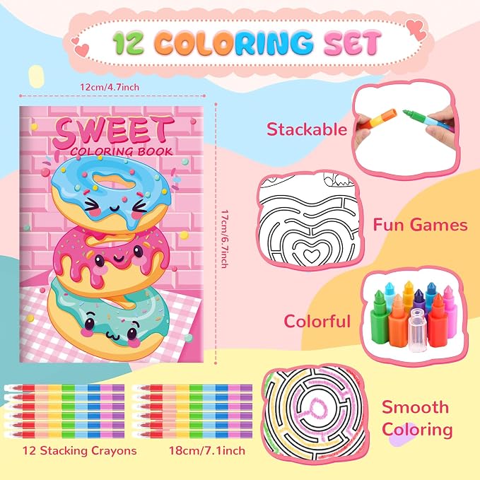 BenLouis 12 Fast Food Mini Coloring Books Kids with 12 Stacking Crayons Snacks Donut Pizza Party Favors Small Activity Books Bulk for Kids Delicious Fast Food Party Gift Goodie Bag Stuffers