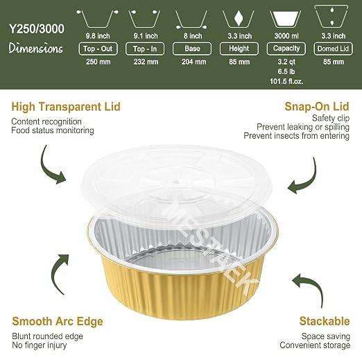 101oz Deep Round Aluminum Foil Pans with Lids, 5 Pack | 10 Inch Round, 3 Inch Deep, Heavy Duty Foil, Ideal for Baking, Meal Prep and Food Storage