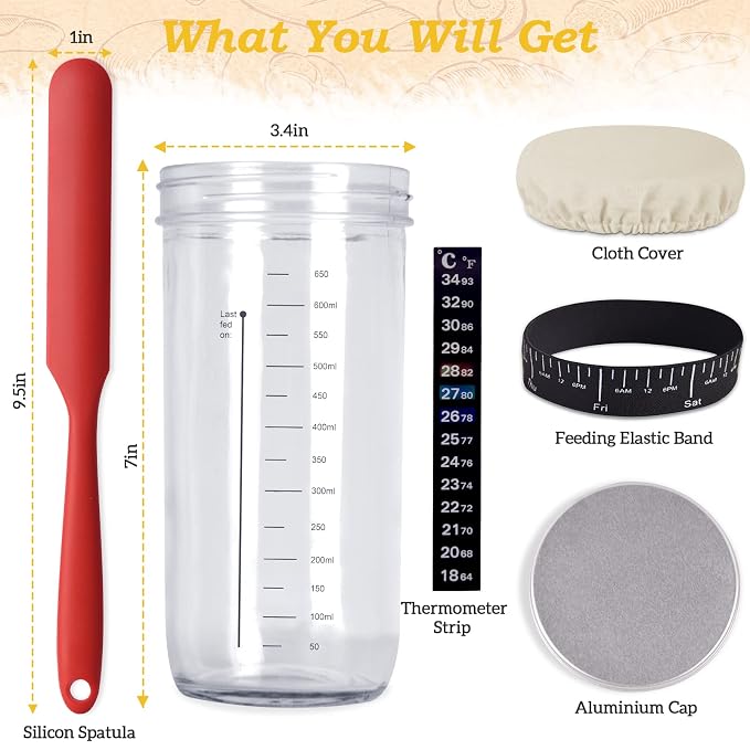 Sourdough Starter Jar Kit,650ml Sourdough Starter Jar with Thermometer Silicone Scraper Cloth Cover and Aluminum Lid Glass Jars Sourdough Bread Baking Supplies