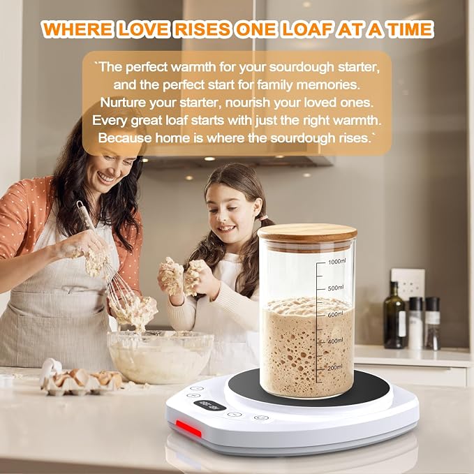 Sourdough Starter Warmer Mat,65-110°F 1°F Precision, 24H Timer & Memory, Electric Heating Mat for 24-40oz Jars, Home Baking（white）