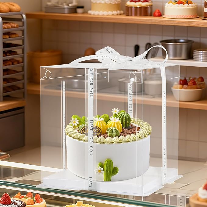 8Pcs Tall Cake Boxes Clear Box with Ribbon, 10x10x9 inch, for 6" cajas para pasteles Tiered Cakes,Transport Gift Boxes for Wedding and Gift Display. (Transparent, 10 * 10 * 9 inch/8pcs)