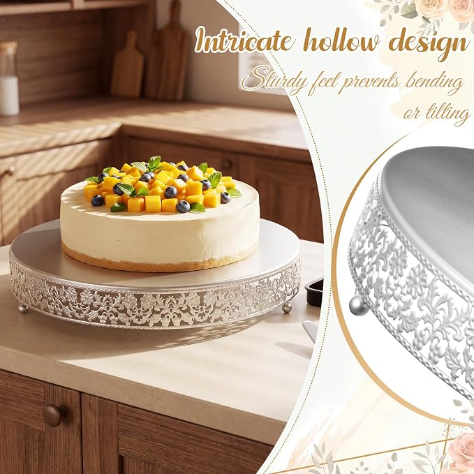 Wenqik 16 Inch Silver Cake Stand Set Metal Round Cupcake Dessert Stand with Cake Cutting, Flower Spatula Wedding Cupcake Pastry Display Candy Holder Display for Wedding Party Birthday Baby Shower