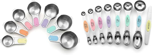 Spring Chef Stainless Steel Magnetic Measuring Cups, Set of 7 & Heavy Duty Magnetic Measuring Spoons, Set of 8 with Leveler - for Dry and Liquid Ingredients - 2 Product Bundle - Pastel