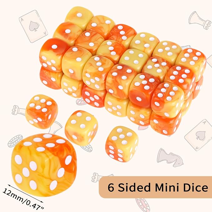 36 of Pack 12MM 6 Sided MINI Dice Set,Two Colours D6 Game Dice Set, 6 Sided Standard Dices for Yahtzee, Bunco,with Portable Plastic Box(Orange Yellow)