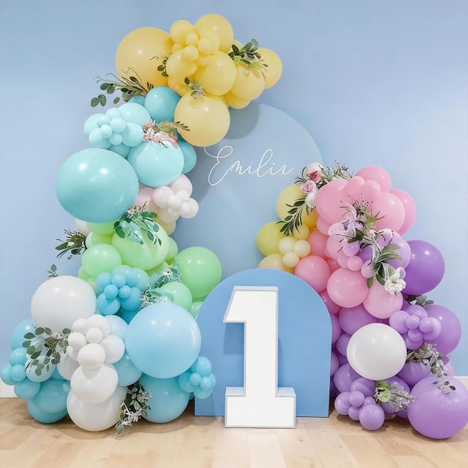 SNLN Blue Pastel Balloon Arch Kit, 140Pcs Macaron Blue Green Purple Yellow White Balloons for Baby Shower Gender Reveal Birthday Wedding Bridal Shower Party Decorations
