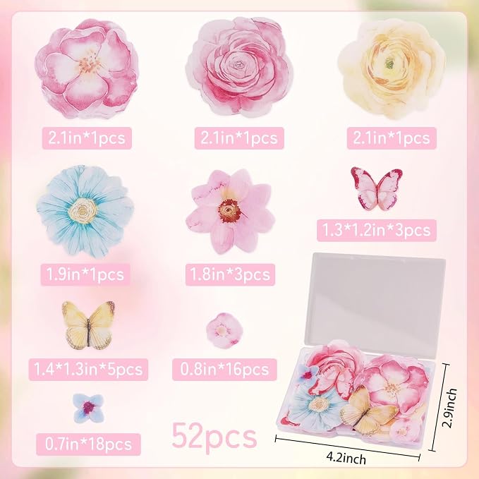 Morofme 52pcs Edible Flower Cake Topper Wafer Paper Flowers Hawaiian Flower Cupcake Decor Spring Aloha Cupcake Decorations Tropical Themed Mixed Size for Baby Shower Birthday Summer Party Supplies