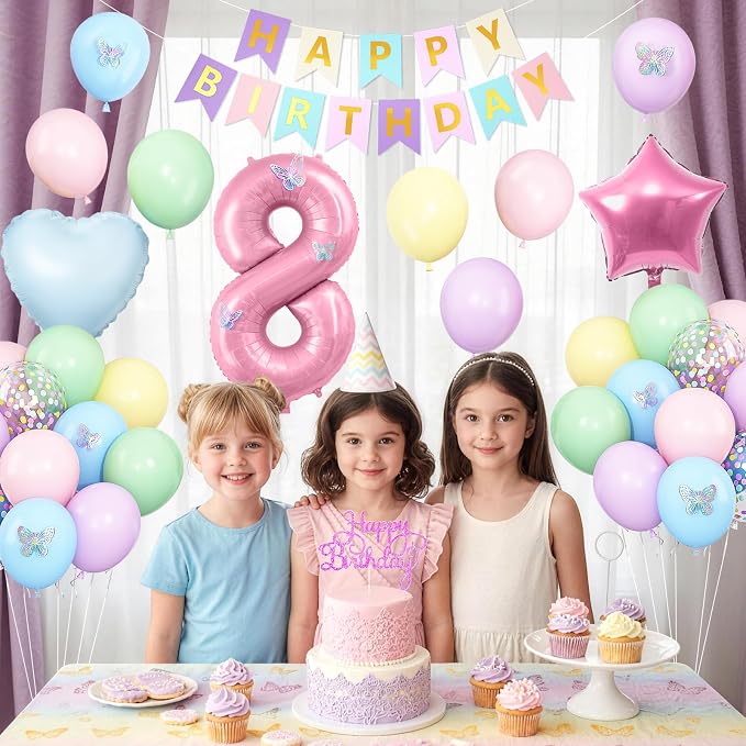 Pastel 8th Birthday Decorations for Girl,Macaron Rainbow 8th Party Decoration Colorful Balloons Banner Star Heart Number 8 Foil Balloon Cake Topper Butterfly Party Decorations 8 Year Old Decor