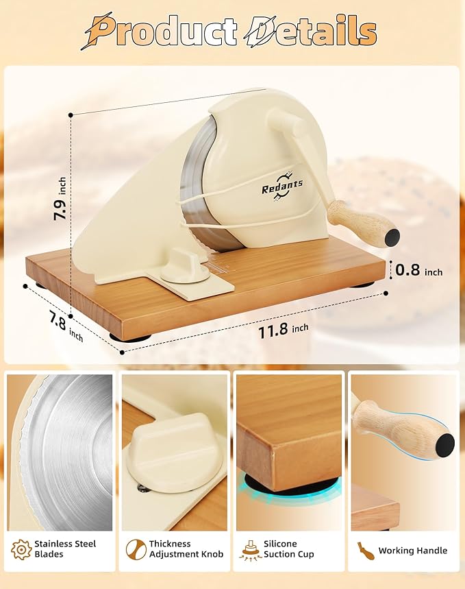 Redants Manual Bread Slicer for Homemade Sourdough Bread, Versatile Hand Crank Bread Slicer, Adjustable Thickness for Smooth Cutting, Food Grade Stainless Steel (Cream)