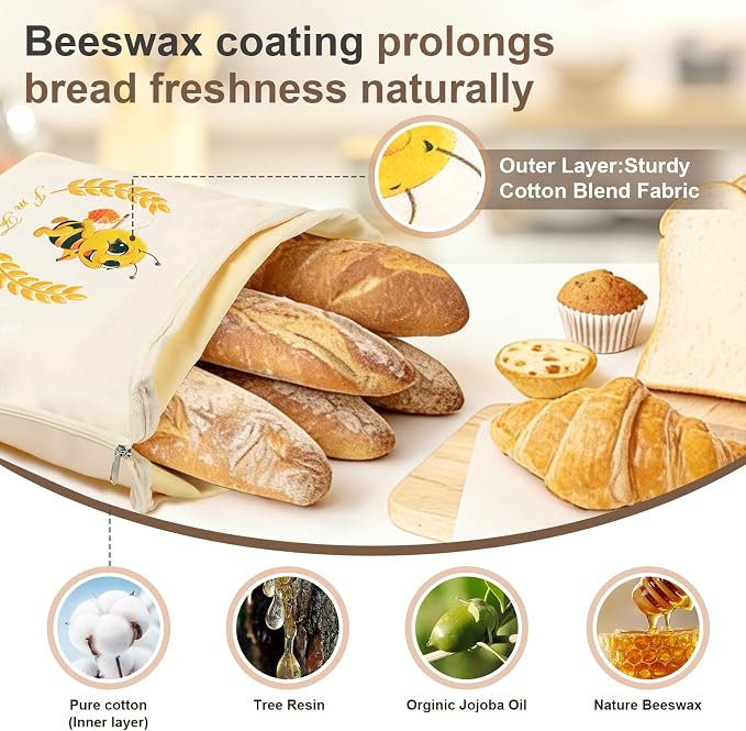 Beeswax Bread Bags, XL Reusable Linen Cotton Sourdough Bread Bag with Sealing Zip for Homemade Bread to Keep Fresh, 2 Pack
