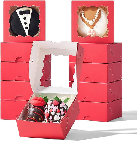 100 Pack 3¼" x 3 ¼" x 1 ½" Red Window Bakery Boxes - Small Dessert Gift Box for Macarons Cookies & Chocolate Truffles Christmas Wedding Valentine's Day and Birthday Party Favors