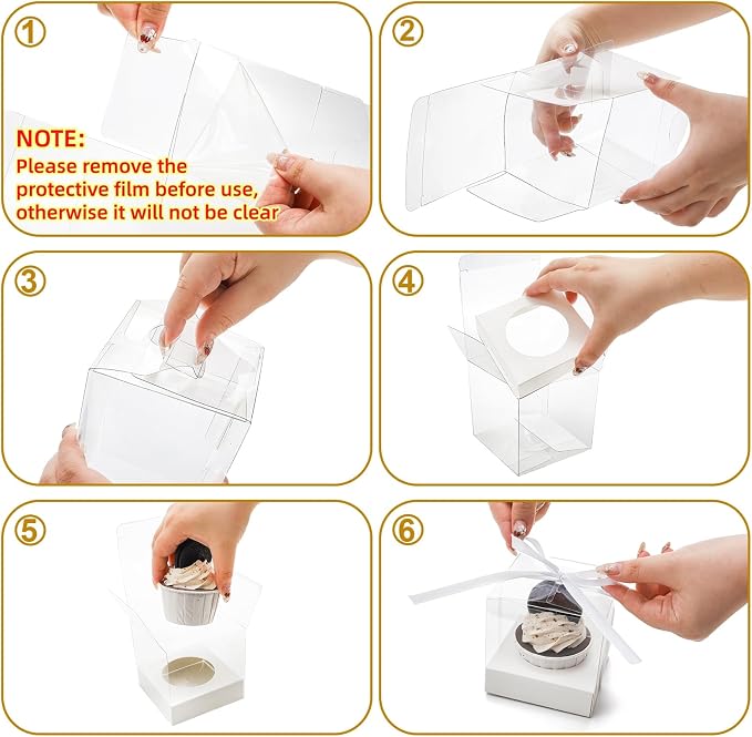 50 Pcs Clear Cupcake Box Individual, 3.5 Inch Plastic Single Cupcake Container, Cupcake Storage Holder Carrier with Ribbons Inserts, Ornament Candy Gift Box for Mother's Day Party Wedding Baby Shower