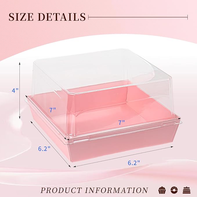 7 x 7 x 4 Inches Paper Cake Boxes with Clear Lids, 50 Pack Pink Large Charcuterie Square Food Containers, Valentine's Day Disposable Bakery Boxes for 4-6 Inch Bundt Cake, Pie, Dessert