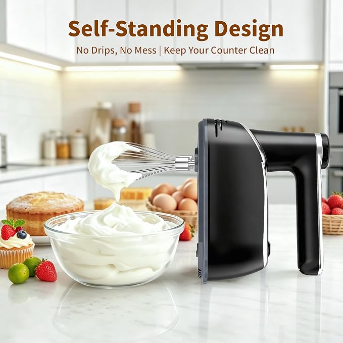 binROC Cordless Electric Hand Mixer, 12-Speed Rechargeable Handheld Mixer with Eject Button, 6 Stainless Steel Attachments, Snap-On Storage Case, LED, Self-Stand for Baking, Cake, Dough, Egg (Black)