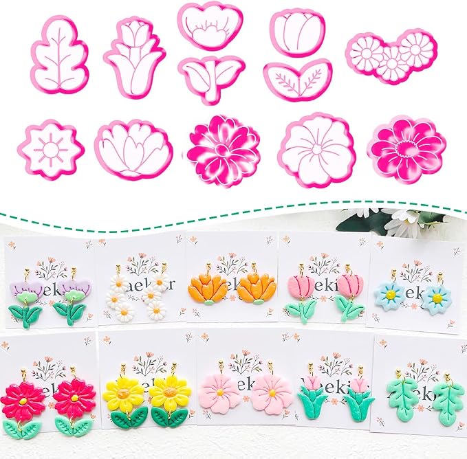 Spring Flower Polymer Clay Cutters Set - 12pcs Tulip, Daisy, Hibiscus, Cherry Blossom, Peony Shapes for DIY Earring Jewelry Making, Soft Clay Crafts, Scrapbooking & Gift Toppers
