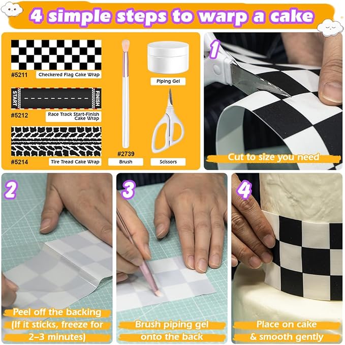 Race Car Edible Cake Wrap Topper Decoration, 1 Random Border Style, 4 x 12 inches