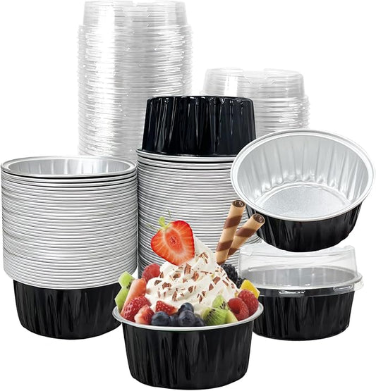 100Pcs Aluminum Cups with Lids,5oz Disposable Ramekin Baking Cups Muffin Liners Mini Pie Pans Foil Cupcake Containers for Christmas Party Wedding Party,Black