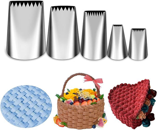 Suuker 5 Pieces Basketweave Piping Tips Set | Stainless Steel, Half Row Braided Flower Design, For Cupcakes, Cake, Cookie, 3D 1D 895 48 47