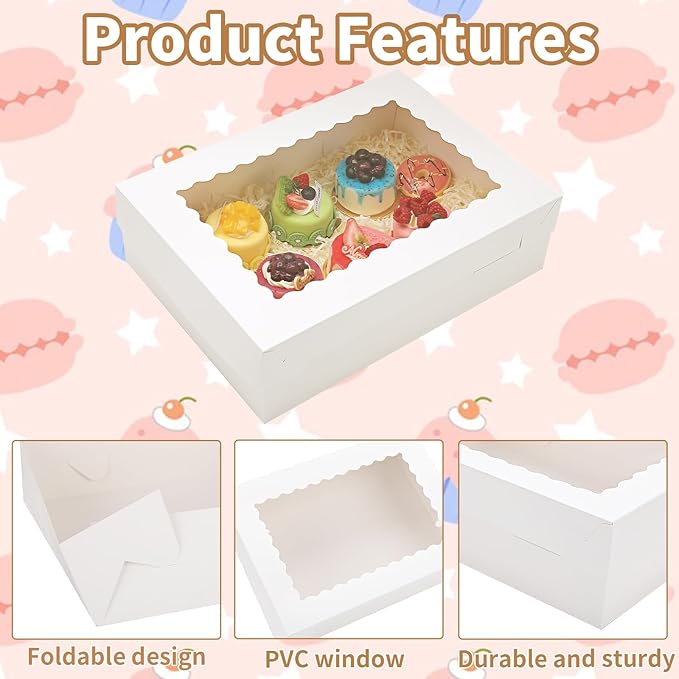 12 Sets 14x10x4 Inch White Bakery Boxes Half Sheet Cake Boxes with Window, Large Treat Boxes for Pastry Baking Cake Donuts Cupcake Pie Packaging