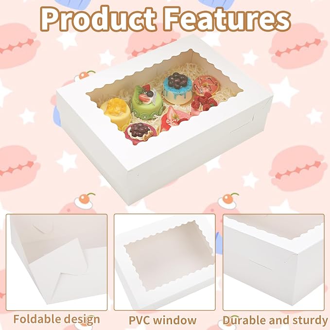 24 Sets 14x10x4in White Bakery Boxes Half Sheet Cake Boxes with Window, Large Rectangle Sheet Cake Boxes Treat Boxes for Pastry Baking Cake Donuts Cupcake Pie Packaging