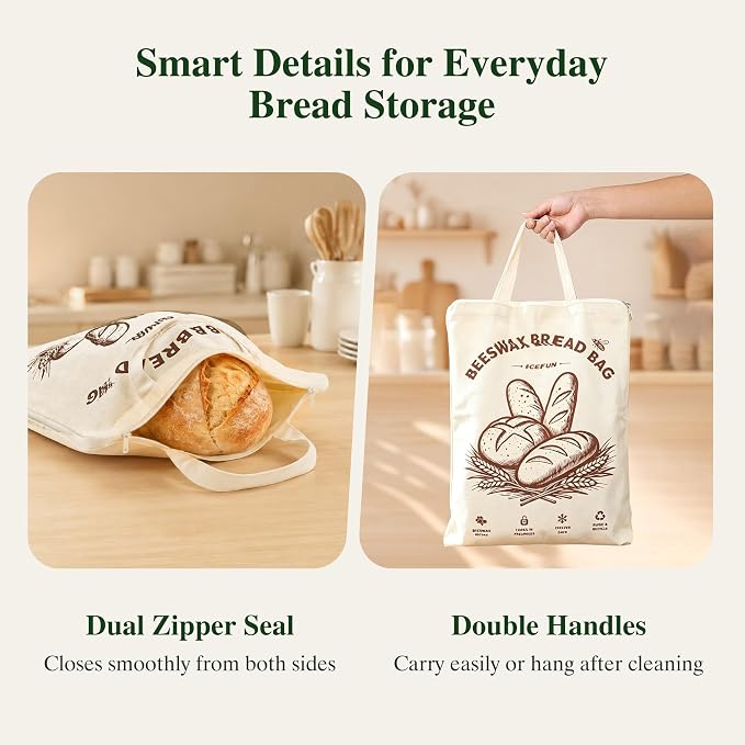 ICEFUN Wide-Opening U-Zipper Beeswax Bread Bag 2 Pack, Beeswax Bread Bags for Sourdough, Easy to Clean Reusable Bread Bag with Dual Zipper Seal and Handles