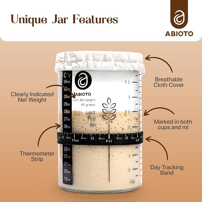 ABIOTO Sourdough Starter Jar Kit, Includes 34 oz Sourdough Starter Jar with Metallic Lid, Silicone Spatula, Feeding Tracker, Extra Thermometer Strips & Breathable Covers – Sourdough Bread Starter Kit