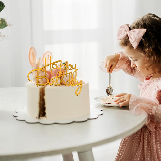 Wootkey 10 PCS Gold Happy Birthday Cake Topper Mirror Acrylic Cupcake Toppers Double-Sided Happy Birthday Sign for Cake Side Cupcake DIY Birthday Gift Flower Bouquet Decor
