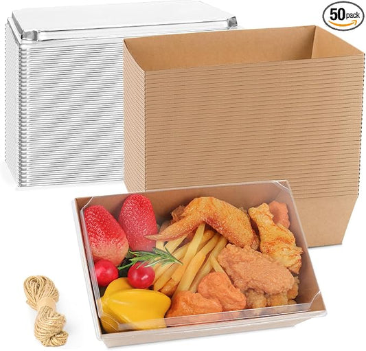 8 x 6 Inch Paper Charcuterie Boxes with Clear Lids, 50 Pack Large Disposable Food Containers, Take Out Bakery Boxes for Cake Slice, Cupcakes, Sandwiches, Cookies, Cocoa Bombs, Salads (Brown)