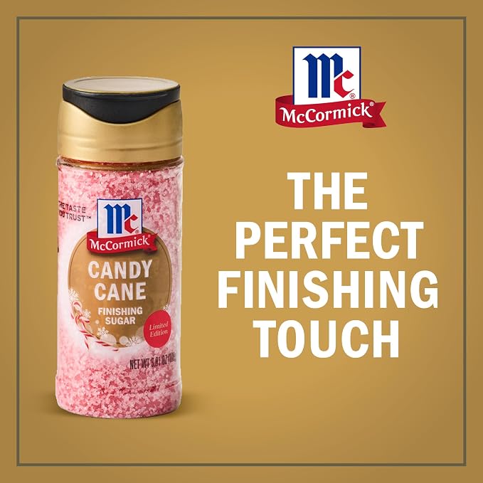 McCormick Finishing Sugar, Candy Cane, Limited Edition, Sweet Peppermint, Iconic Holiday Flavor, For Hot Chocolate, Chocolate Fudge, Bark, Cocktails, and More, 3.81 oz (Pack of 2)