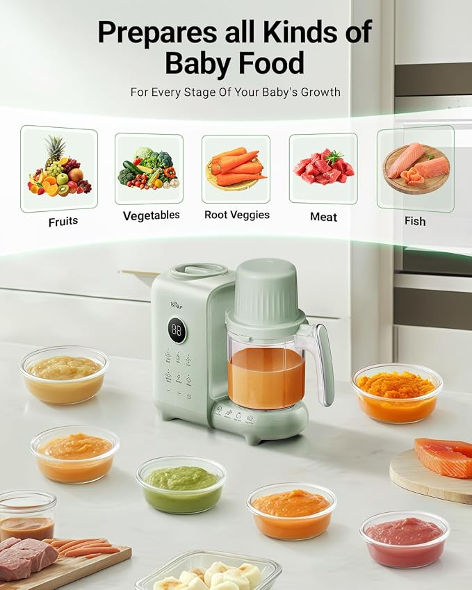Bear Baby Food Maker with 18.5oz Dual-Layer Steam Baskets, OneStep Baby Food Processor Steamer Puree Blender Grinder Mills, Auto Cooking Grinding&Sterili-zing for Healthy Homemade Baby Food, BPA-Free