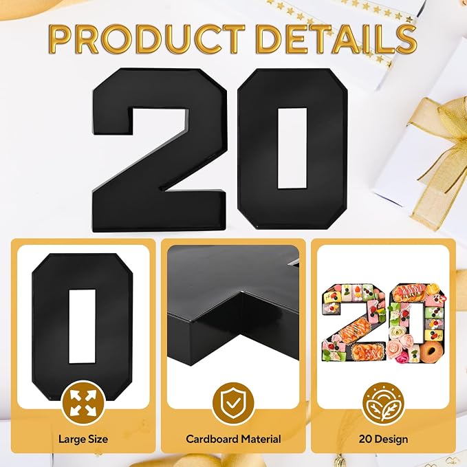 Cardboard Number for Charcuterie 20 Set Fillable Tray 10.2'' Black Charcuterie Paper Box for 20th Birthday Anniversary Party Decorations Chocolate Candy Cupcake Container