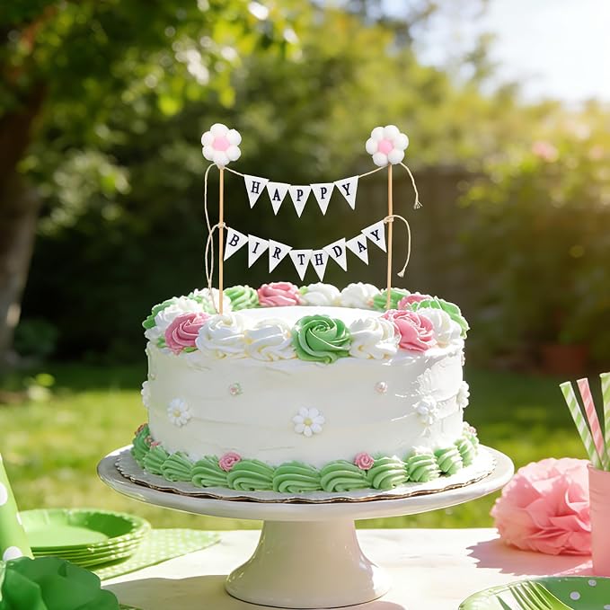 Happy Birthday Flag Banner Cake Topper, Handmade Ivory Cotton Pennant & Flower Flags with Wooden Poles Party Decorations for Cakes & Cupcakes