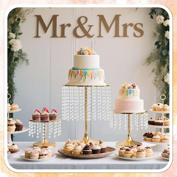Metal Mirror Cake Stand Set with Crystal Pendants - Elegant Dessert Table Display for Weddings, Birthday Parties, Baby Showers, Events - Sturdy Crystal Bling Cupcake Stands for Pastries, Sweets, Decorations (Gold, Set of 6)