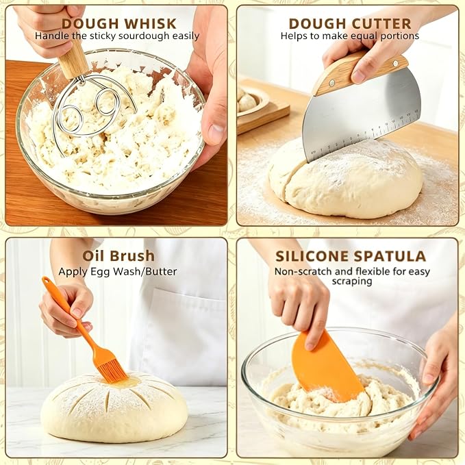 Sourdough Bread Baking Supplies Kit, Banneton Bread Proofing Basket 9" Round, Starter Jar,Complete Sourdough Tools Ideal Gifts for Mom Wife Women Bakers