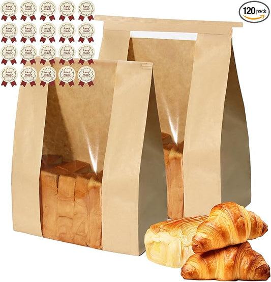 120PCS Sourdough Bread Bags for Homemade Bread Tin Tie Tab Lock Paper Large Bakery Bags with Window for Baked Food Packaging Storage Gift Giving Includes 120PCS Label Seal Stickers 13.7x8.3x3.5in