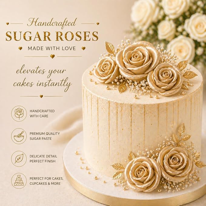 Confect Metallic Edible Champagne Gold Roses | Christmas Cupcake Toppers | Edible Flower For Cake Decorating | Pack Of 12 Edible Metallic Sugar Flowers for Cake Decorating