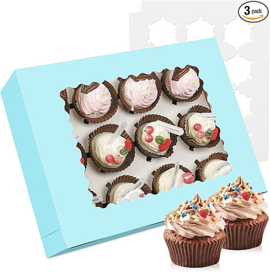 3-Set Cupcake Boxes Bulk with Clear Display Window Hold 12 Standard Cupcakes, Disposable Food Grade Blue Cupcake Carrier Cupcake Container, Perfect for Cupcakes Muffins Cookies Pastries