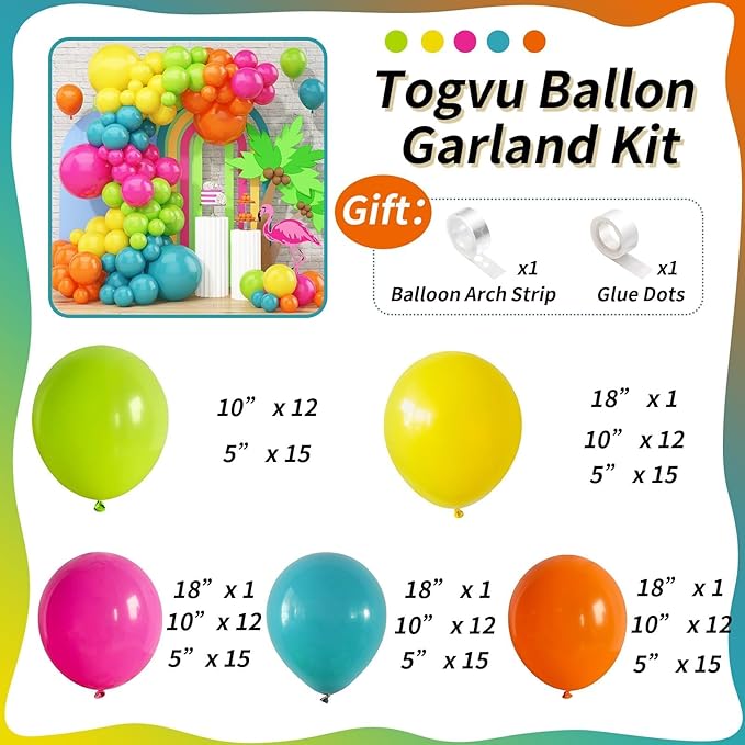 141 Pcs Rainbow Easter Balloon Arch Kit, Hot Pink Lime Green Orange Slate Blue Yellow Latex Neon Summer Tropical Balloon Garland for Hawaiian Luau Aloha Birthday Baby Shower Pool Party Decorations