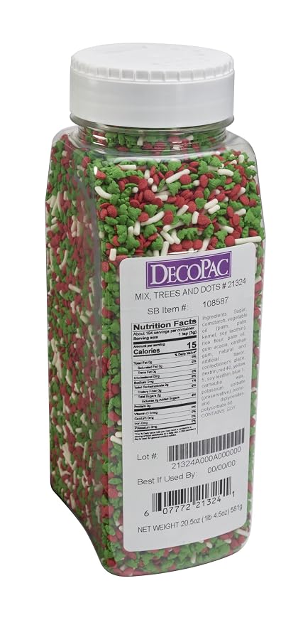 DECOPAC Christmas Trees & Holiday Dots Quins, 20.5oz, Fancy Sprinkles In Red, Green & White, Festive Edible Candy Sprinkles in Handheld Container For Celebration Cakes, Cupcakes, Cookies