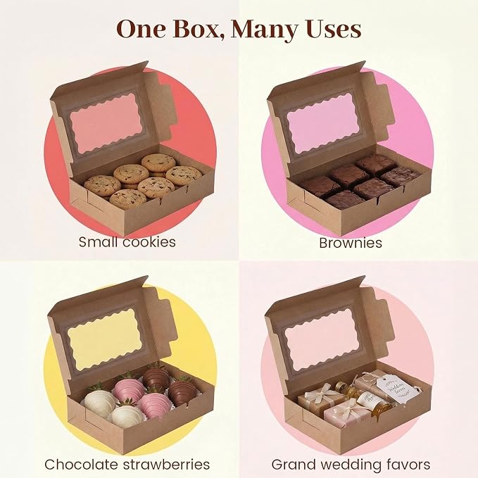 VGOODALL 20PCS Cookie Boxes, 7" x 4.3" x 1.5" Brown Bakery Boxes with Window Cupcake Containers for Pastry Candy Cupcake Strawberry, Party Supplies