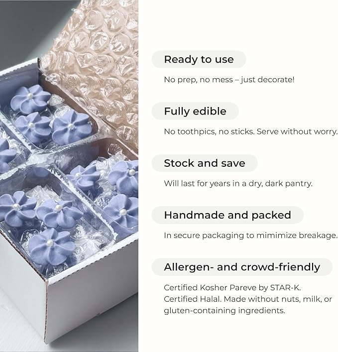 Mini Edible Royal Icing Flowers (180 Count), Petite Edible Flower Cake Decorations, Edible Flowers for Cupcakes, Flowers with Pearl Sprinkles for Cakes & Cupcakes, Global Sugar Art (White, 180 Count)