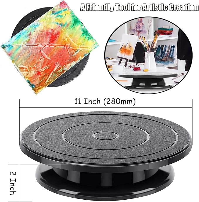 11 Inch Rotate Turntable Sculpting Wheel Revolving Cake Turntable Black Painting Turn Table Lightweight Stand for Paint Spraying Spinner, Cake Decorating, Displaying Item (Black)