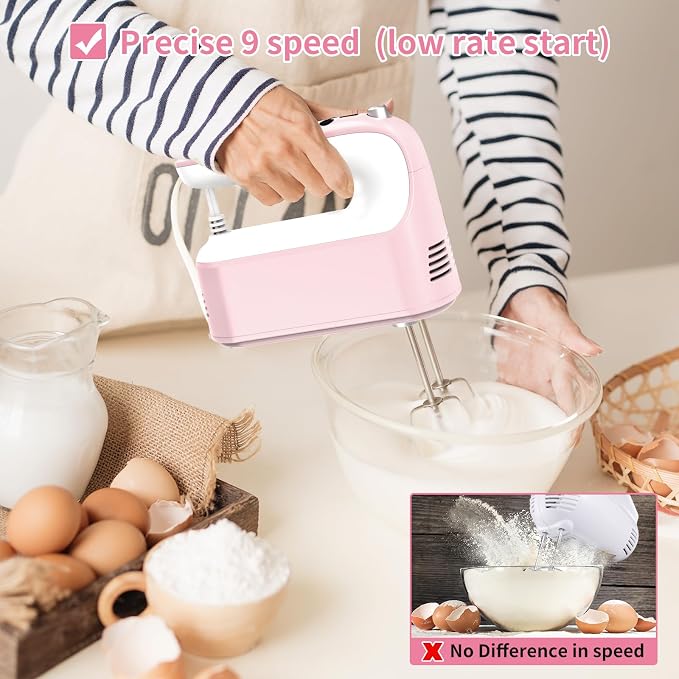 Yomelo 9-Speed Digital Hand Mixer Electric, 400W Powerful DC Motor, Hand Mixer Electric Handheld with Snap-On Storage Case, 5 Stainless Steel Accessories, Beaters, Dough Hooks, Whisk(Pink/White)