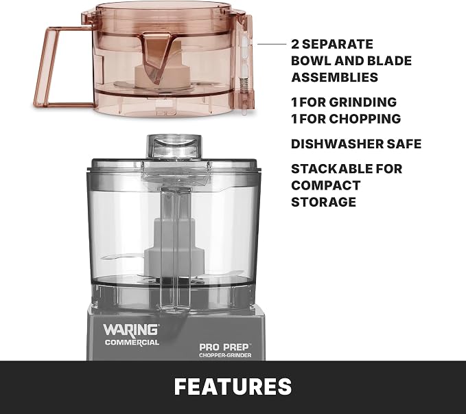 Waring Commercial Pro Prep Chopper Grinder, 3/4 Horsepower High-Speed Motor, 3/4 Quart Capacity, Dual Bowl for Chopping and Grinding, Grind Spices and Hard Foods, Parmesan and Chocolate, WCG75