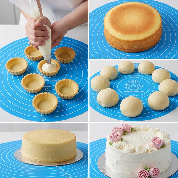12 Inch Round Baking Mat 2PCS Silicone Cake Mat with Measurements | Non-Stick Heat Resistant Cake Turntable Non-slip Mat Reusable Cookie Pad for Pastry Dough and Baking (Pink and Blue)