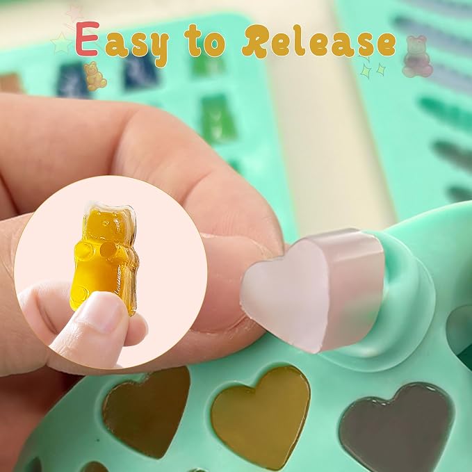 Zorazio 7Pcs Gummy Bear Molds Silicone, Nonstick Gummy Chocolate Candy Worm Molds with 2 Droppers for Convenient Filling, Includes Bear, Worm, Dinosaur, Donut and Heart, 218Cavity