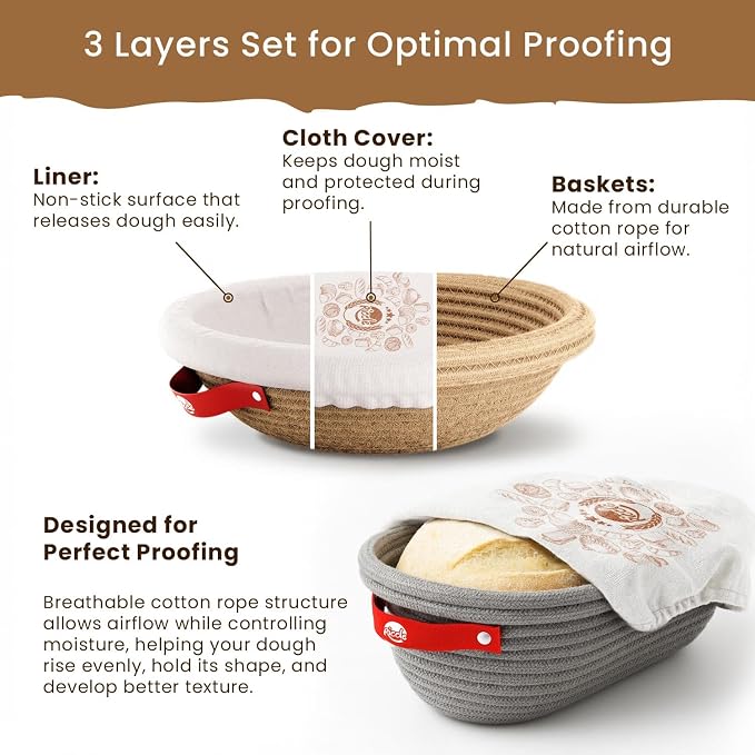 Riccle Cotton Rope Banneton Bread Proofing Basket Set, 9 Inch Round Bread Basket with Liners & Covers for Artisan Bread Baking, Sourdough Bread Baking Supplies (27)