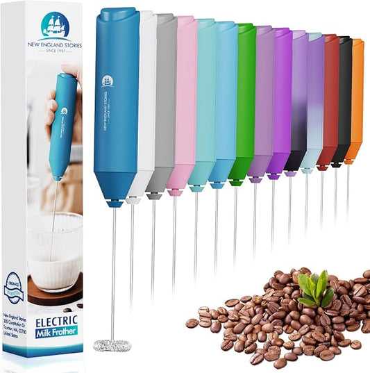 England Stories Electric Milk Frother Handheld, Battery Operated Whisk Beater Foam Maker for Coffee, Cappuccino, Latte, Matcha, Hot Chocolate, Mini Drink Mixer, No Stand, Metal Blue