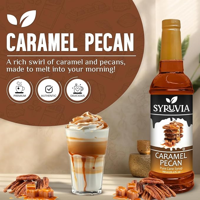 Syruvia Coffee Syrup, Caramel Pecan Flavored Syrup for Drinks, Lattes, and Desserts – 25.4 fl oz - with Pump