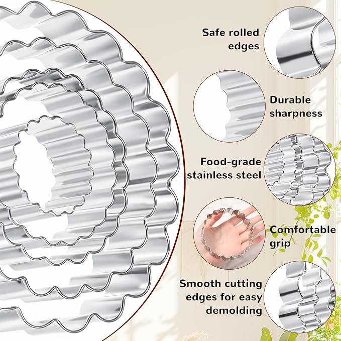 5 Pce Fluted Round Cookie Cutter Set, Circle Shaped Geometric Circle Cookie Cutter for Kitchen Baking, Donut Cutter Ring Scalloped Edge Wavy, Stainless Steel, (1.6", 2", 2.4", 2.8", 3.1")