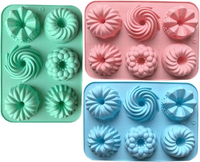 3pcs Silicone Donut Baking Molds,Multicolor Doughnut Pans,6-Cavity Designs Donut Flower And Swirl Shaped,Suitable for Crafting Delectable Desserts